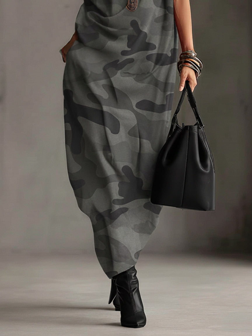 Gray Camo Suede Like Sleeveless Turtleneck Maxi Dress