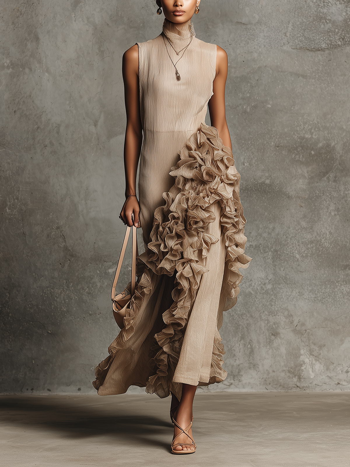 Champagne Pleated High-Neck Ruffled Asymmetrical Maxi Dress
