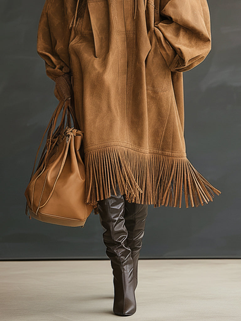 Vintage Brown Suede Tassel Zip Up Trench Coat