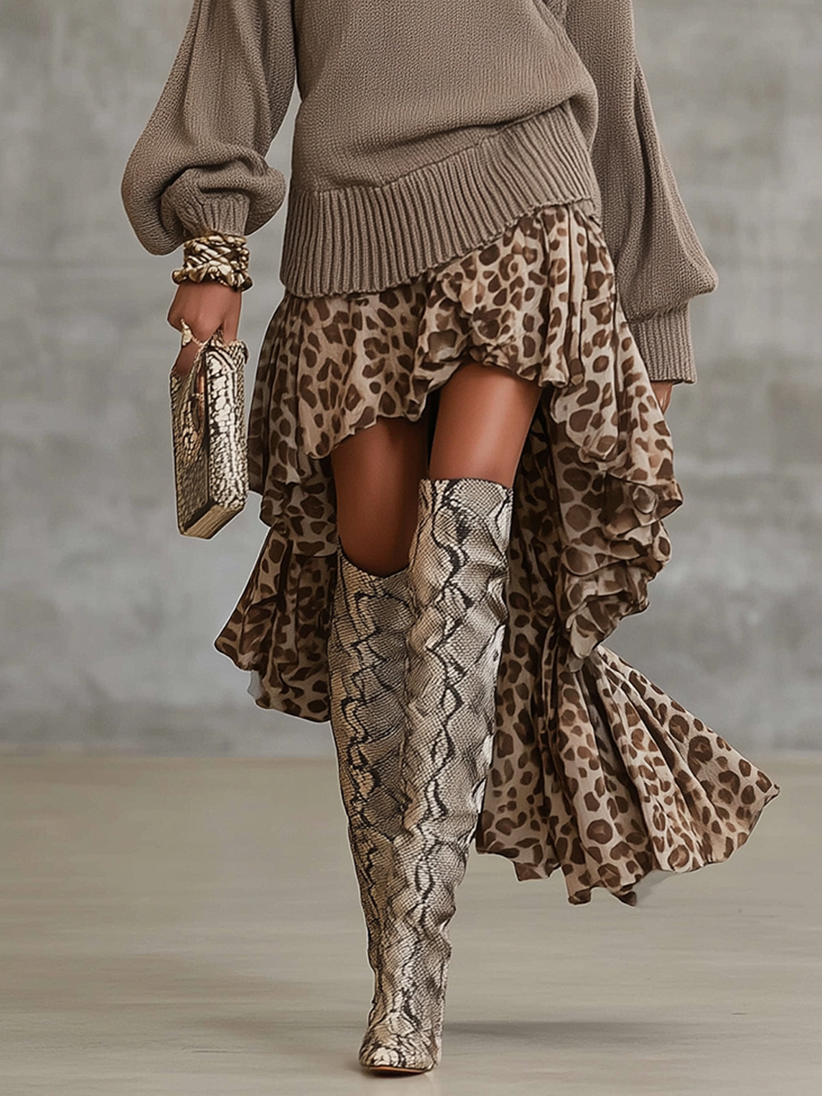 Mocha Turtleneck Knit Leopard Patchwork Midi Dress