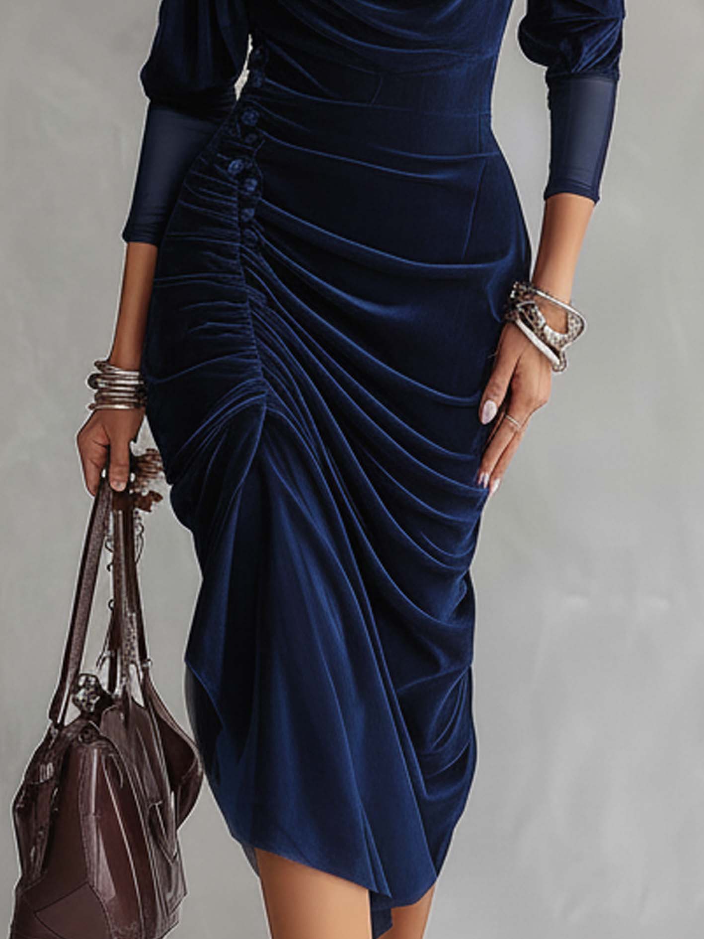 Navy Velvet Cowl Neck Ruched Bodycon Dress