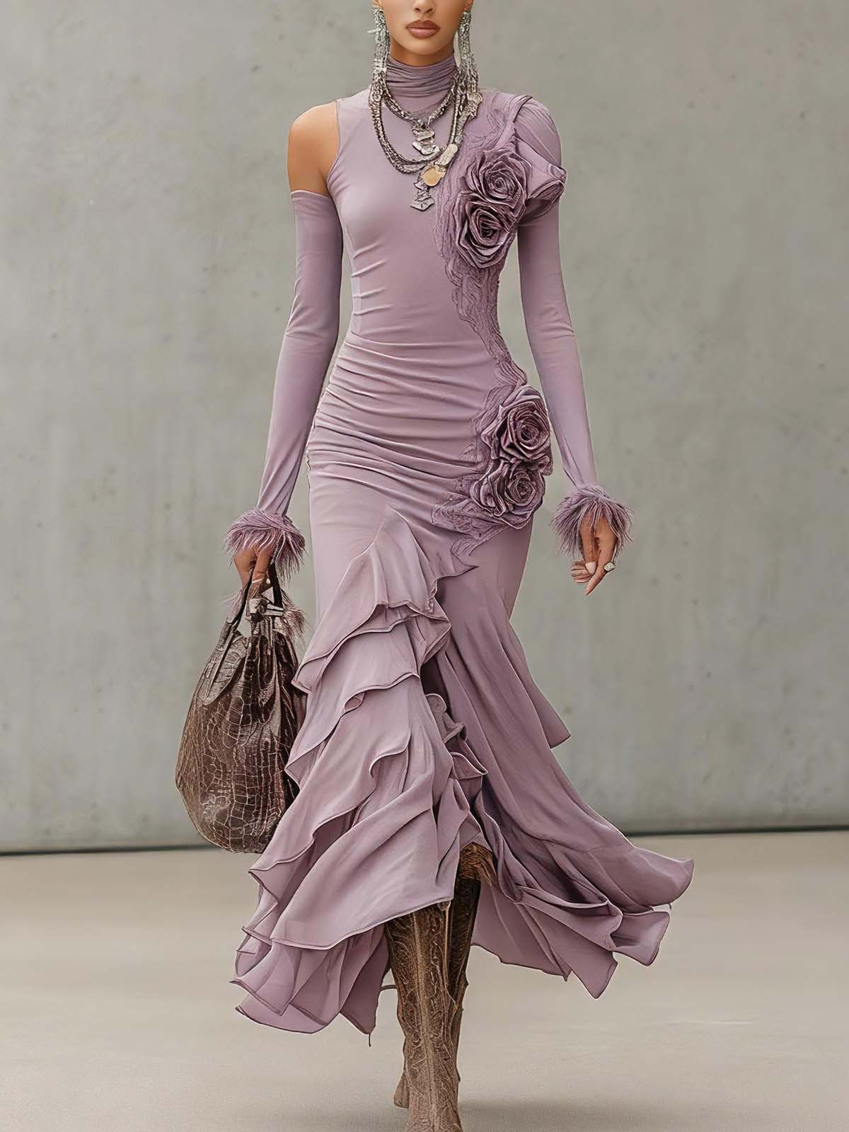Purple Stretch Fabric Asymmetrical Layered Ruffled Maxi Dress