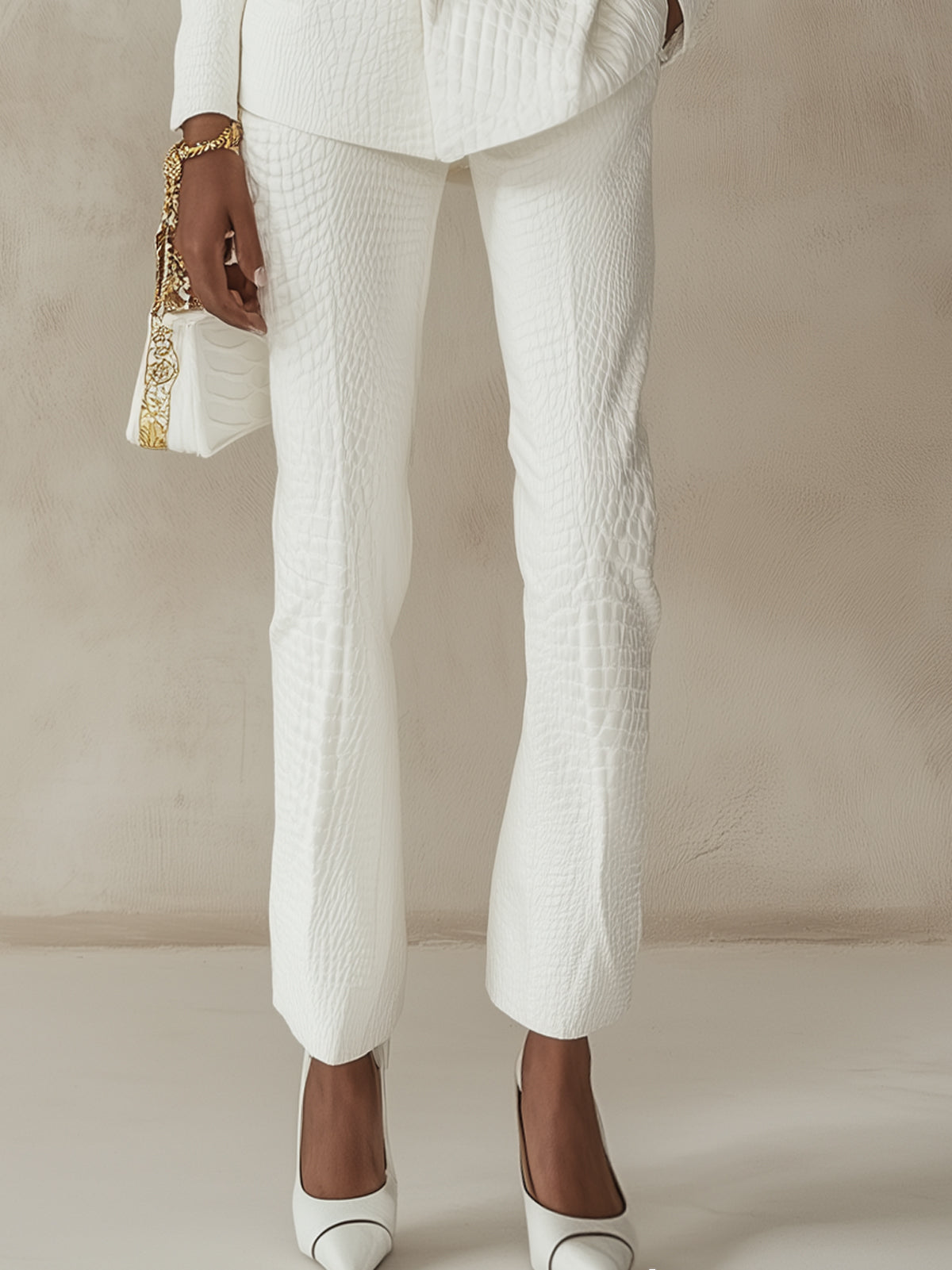 White Crocodile Embossed Double Breasted Belted Suit