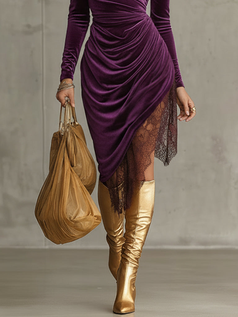 Purple Velvet One Shoulder Lace Hem Midi Dress