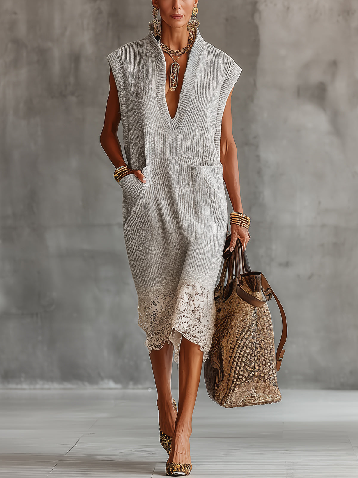 Light Gray Sleeveless Knit Midi Dress With Deep V-Neck And Lace Hem
