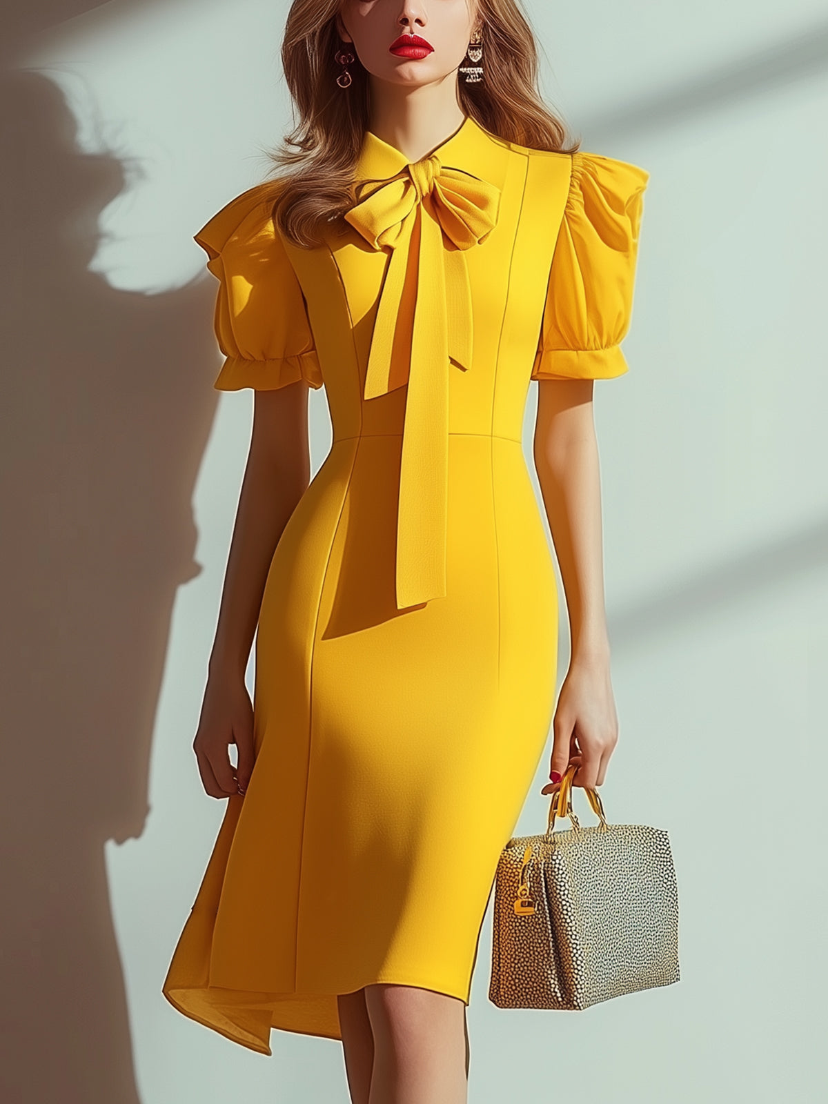 Elegant Puff Sleeve Fitted Dress with Collar