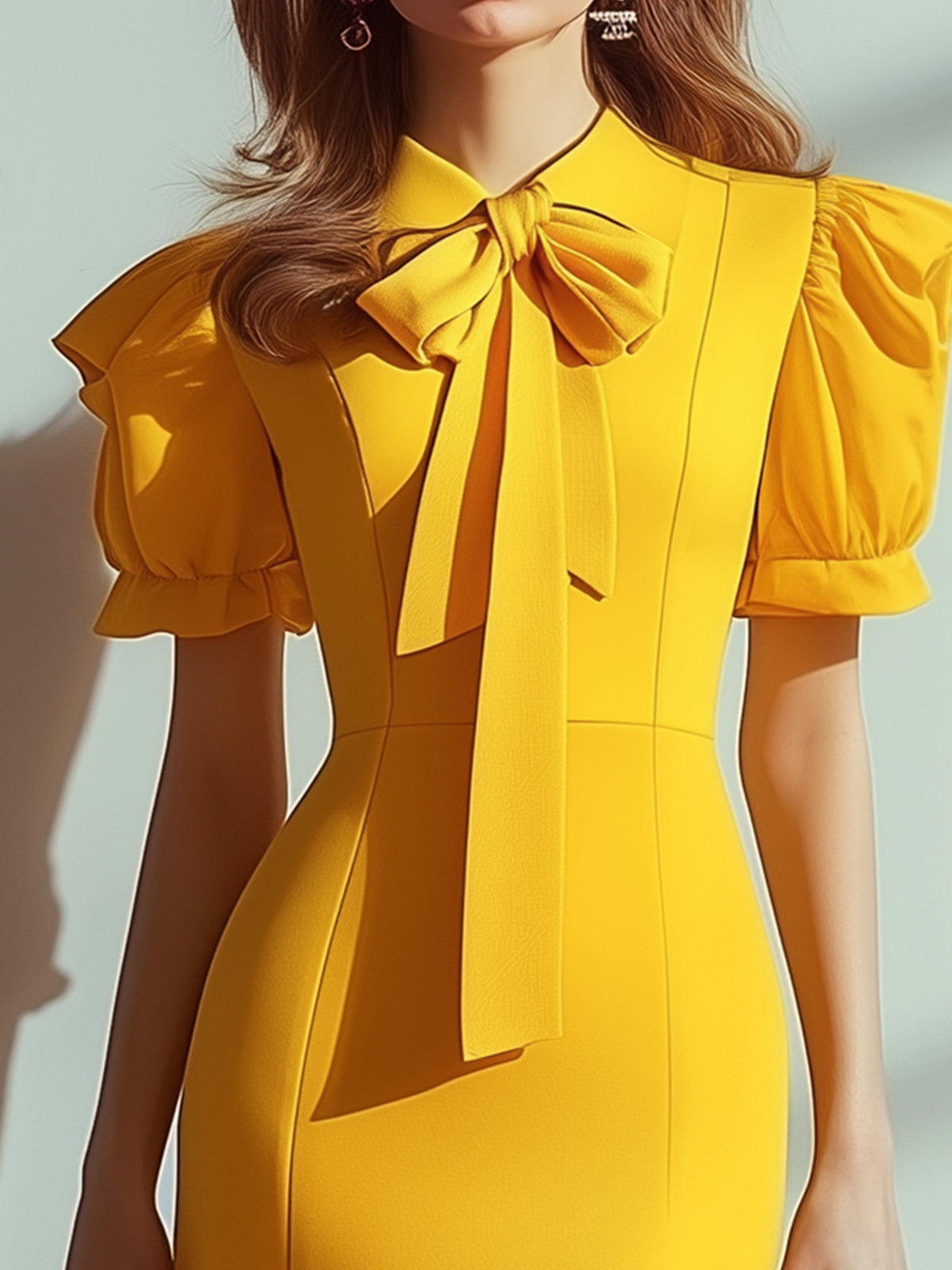 Elegant Puff Sleeve Fitted Dress with Collar
