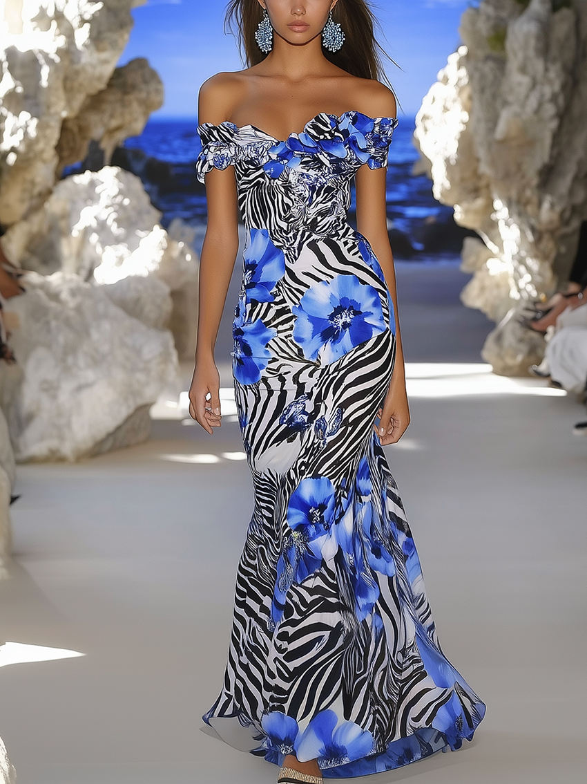 Off Shoulder Maxi Dress With Floral And Zebra Print