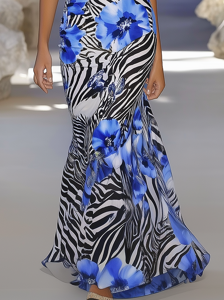 Off Shoulder Maxi Dress With Floral And Zebra Print