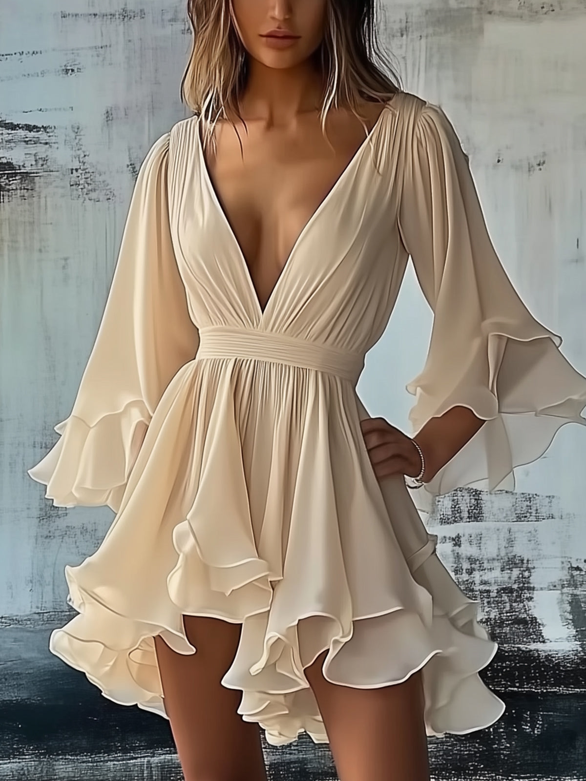 Flared Sleeve Double Layer Hem Mini Chiffon Dress