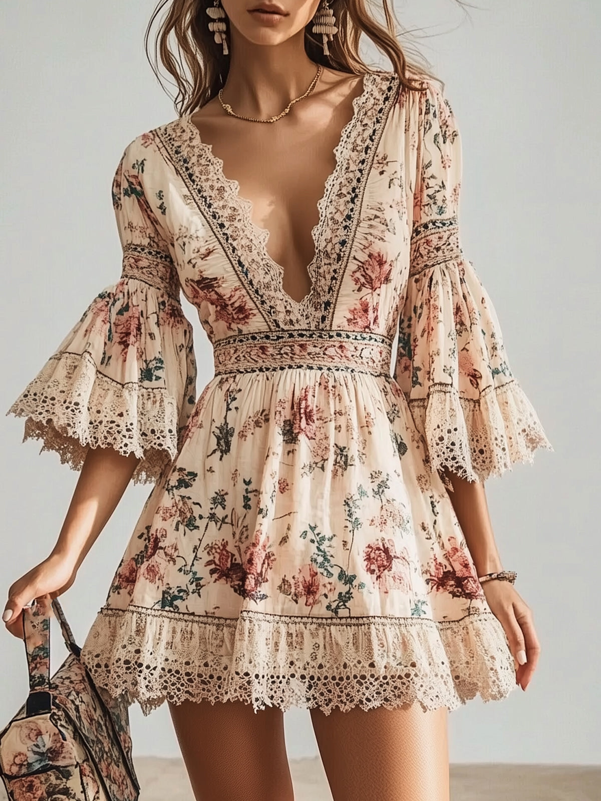Floral Print Lace Patchwork Mini Dress
