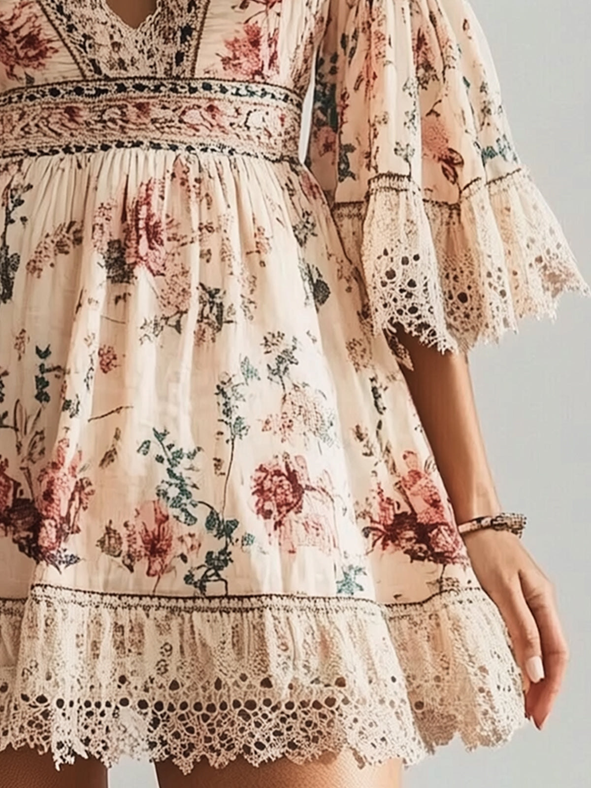 Floral Print Lace Patchwork Mini Dress