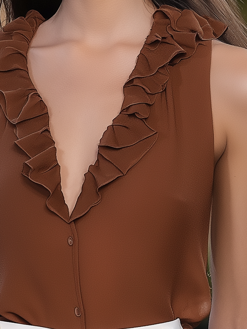 Sleeveless Brown Blouse With Ruffles