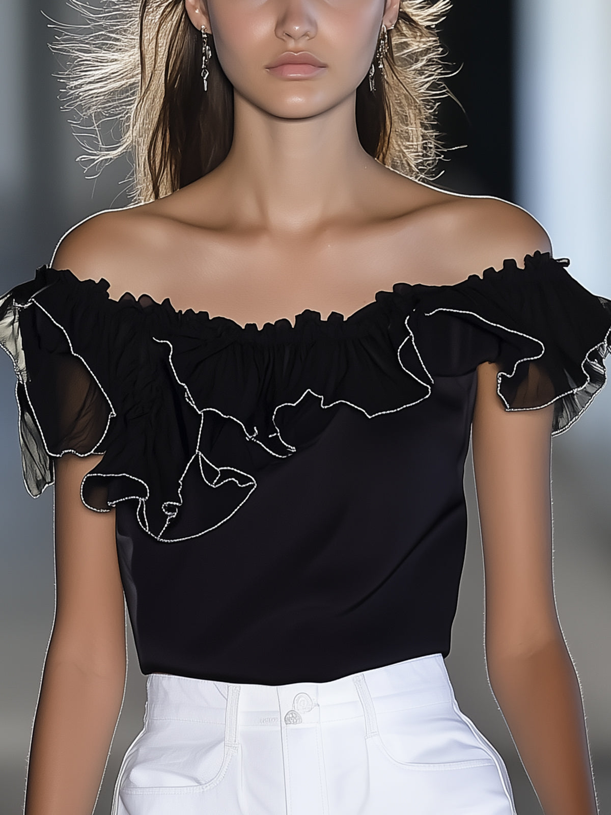 Off Shoulder Ruffle Trim T-Shirt