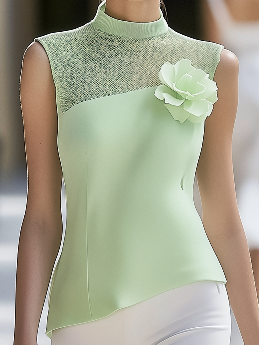 Sleeveless Light Green Shirt With Mesh Neckline And 3D Flowers