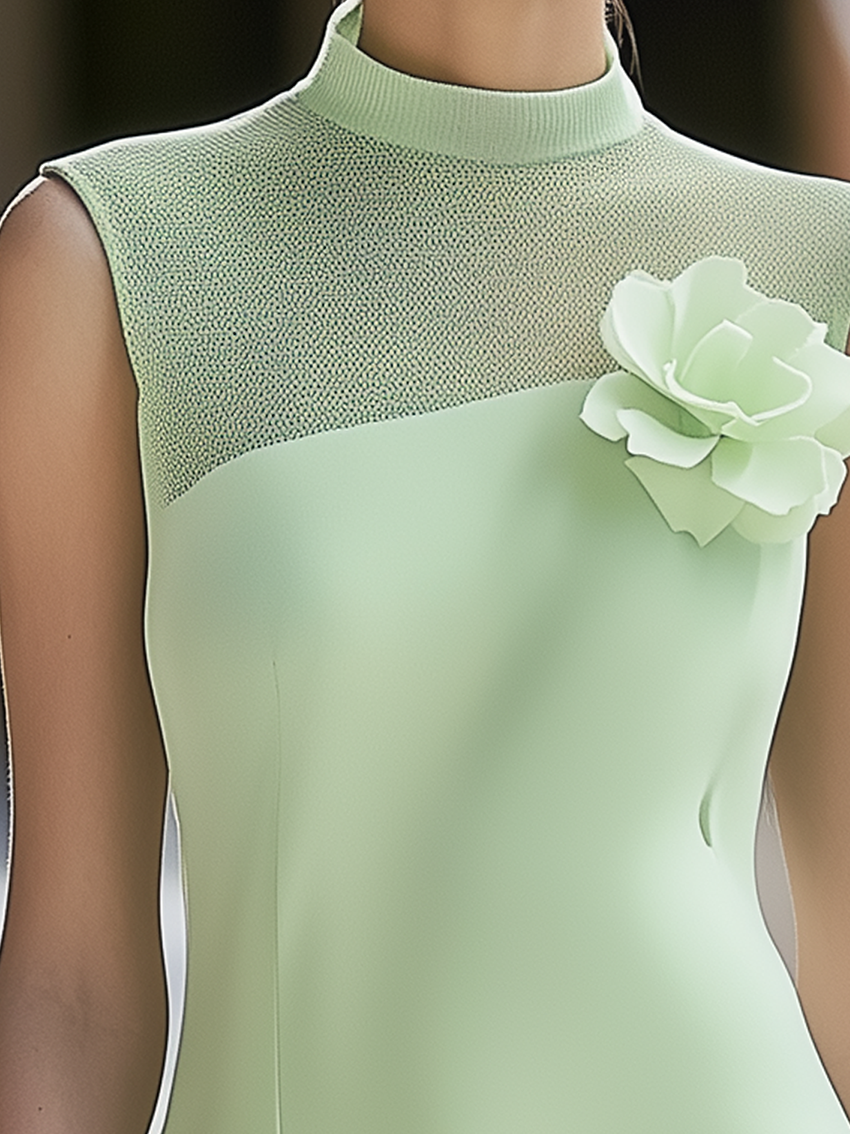 Sleeveless Light Green Shirt With Mesh Neckline And 3D Flowers