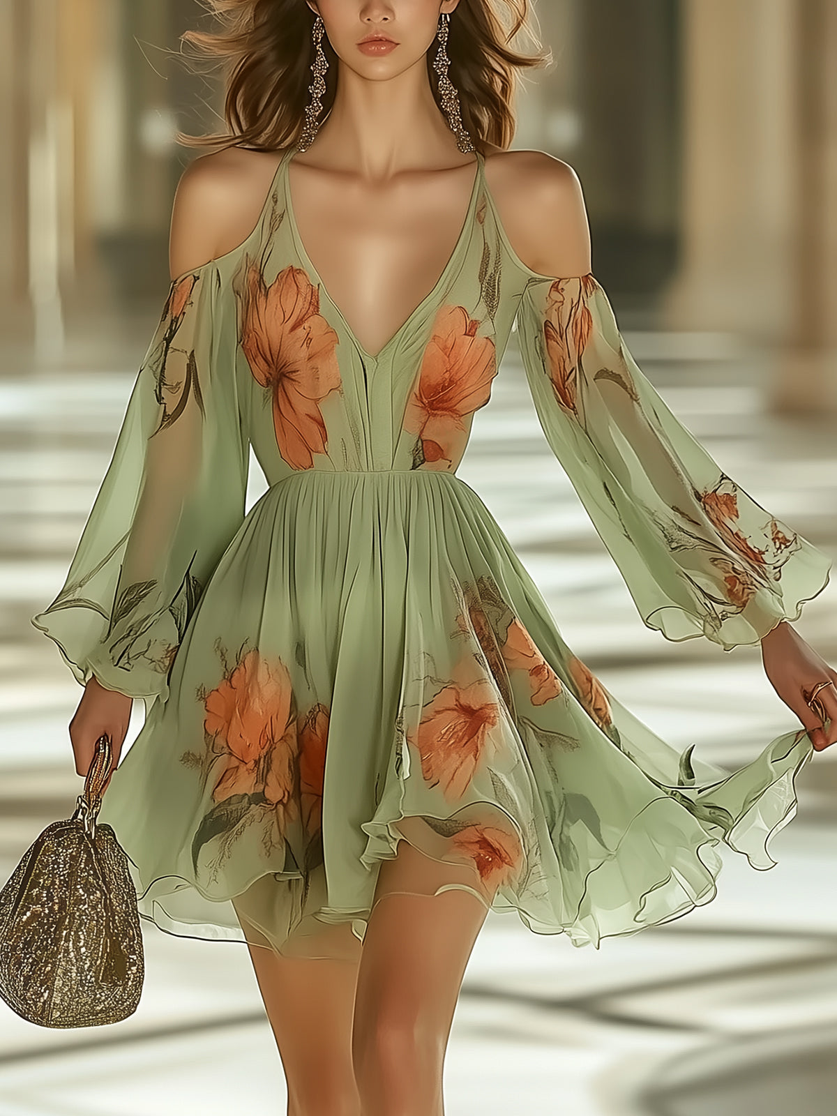 Unique Off Shoulder Floral Print Chiffon Dress