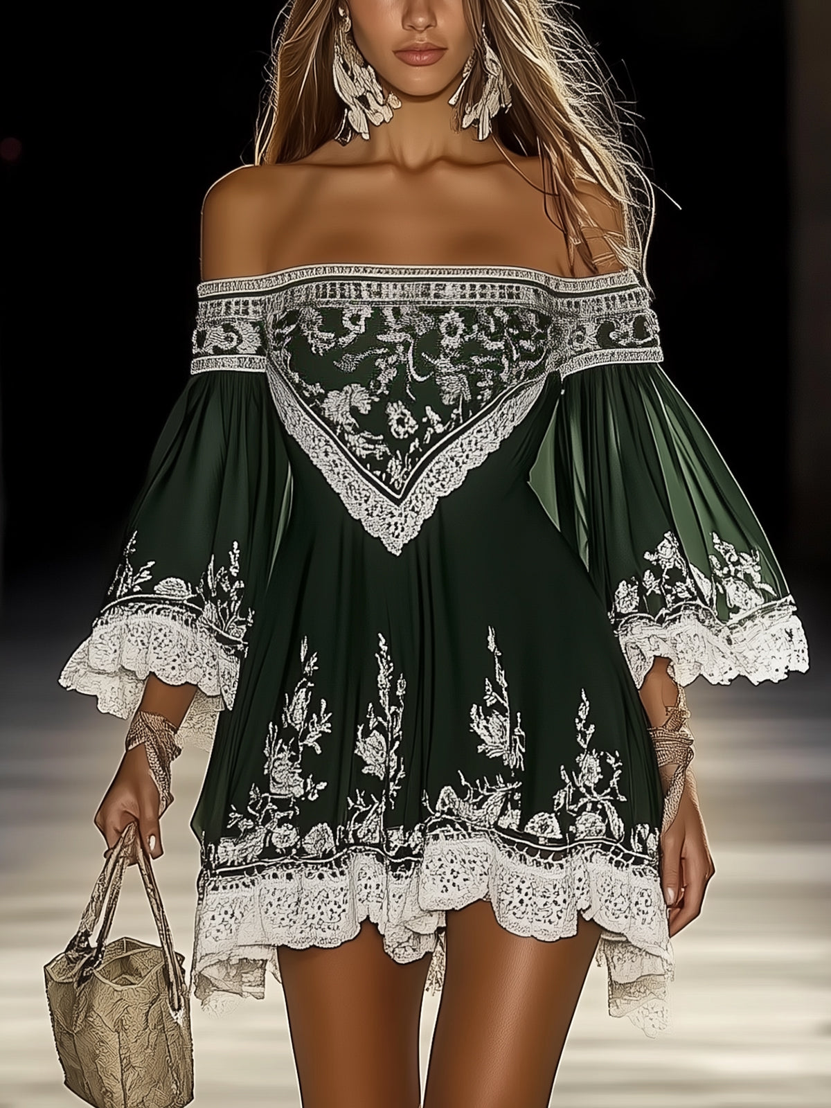 Off Shoulder Bohemian Print Dress