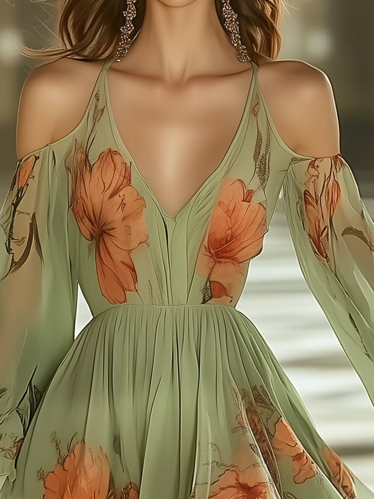 Unique Off Shoulder Floral Print Chiffon Dress