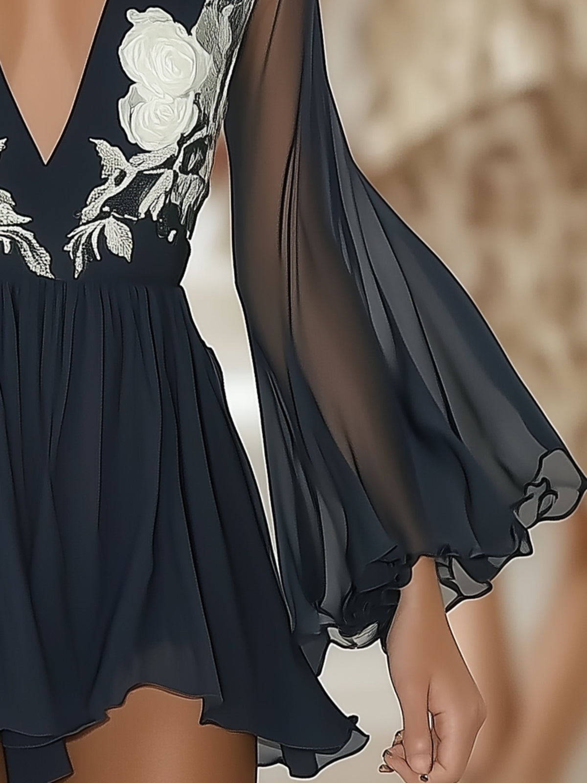 Elegant V-Neck Floral Print Mini Dress
