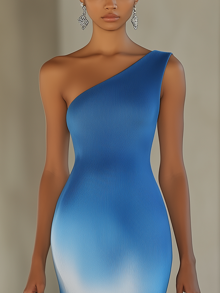 One shoulder blue midi dress with white gradient