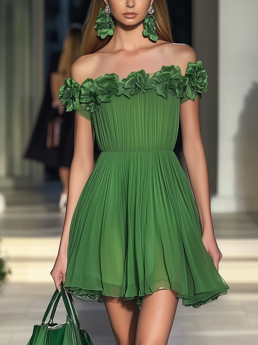 Off Shoulder Green Chiffon Mini Dress With 3D Flowers