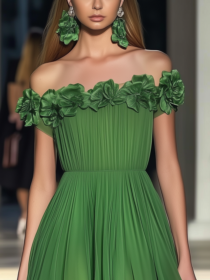 Off Shoulder Green Chiffon Mini Dress With 3D Flowers