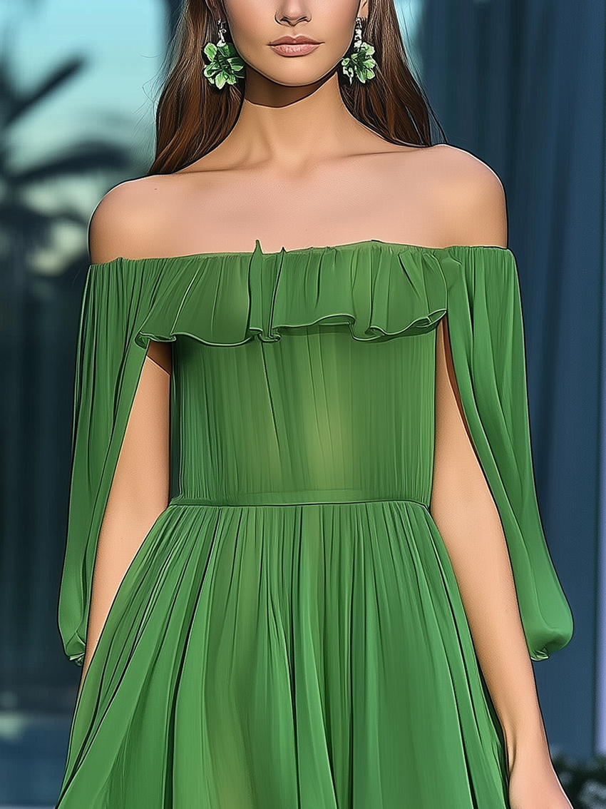 Off Shoulder Stylish Sleeves Green Chiffon Mini Dress