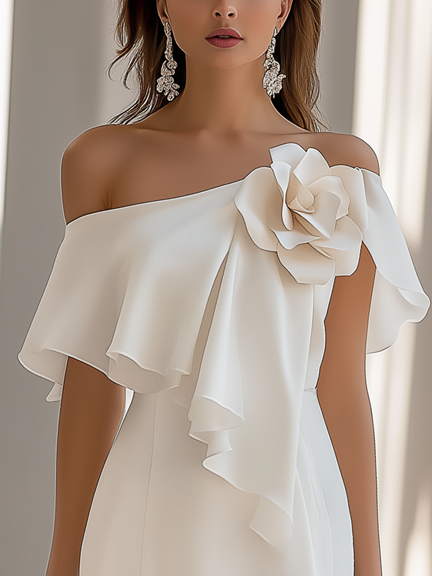 Off Shoulder White Midi Dress With Flowers And Ruffles