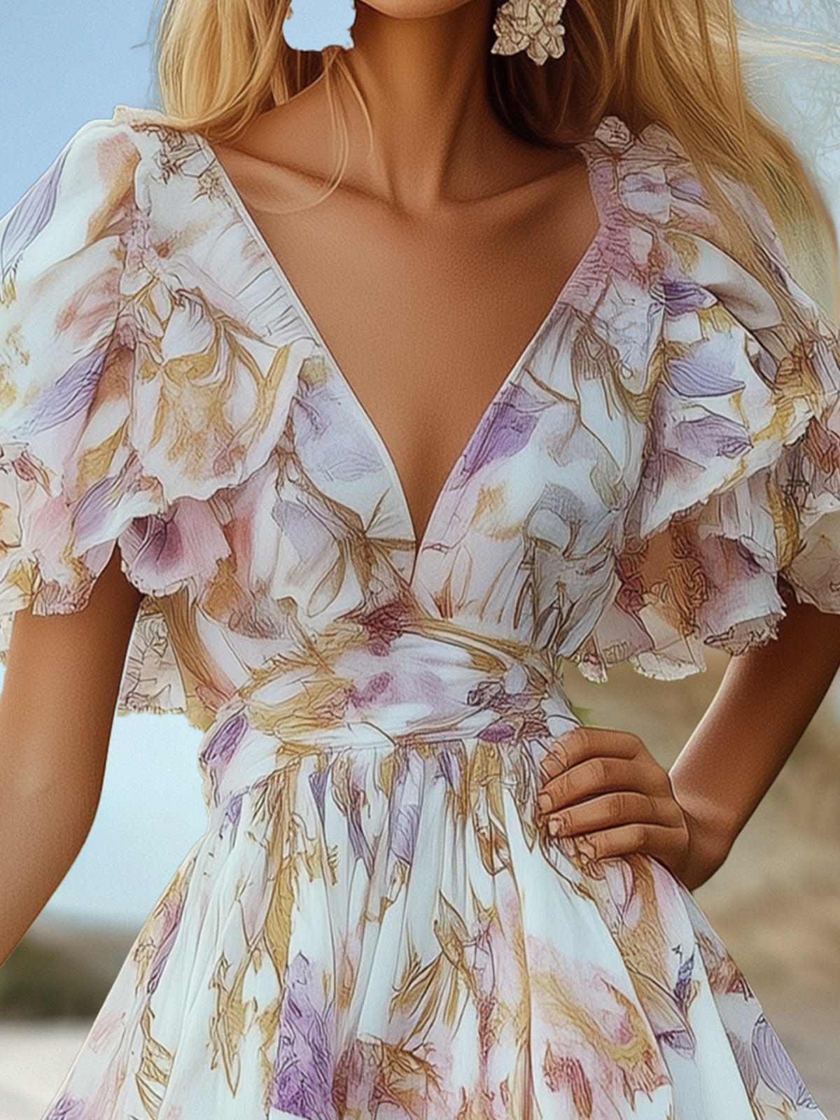 Asymmetrical Hem Floral Print Chiffon Dress