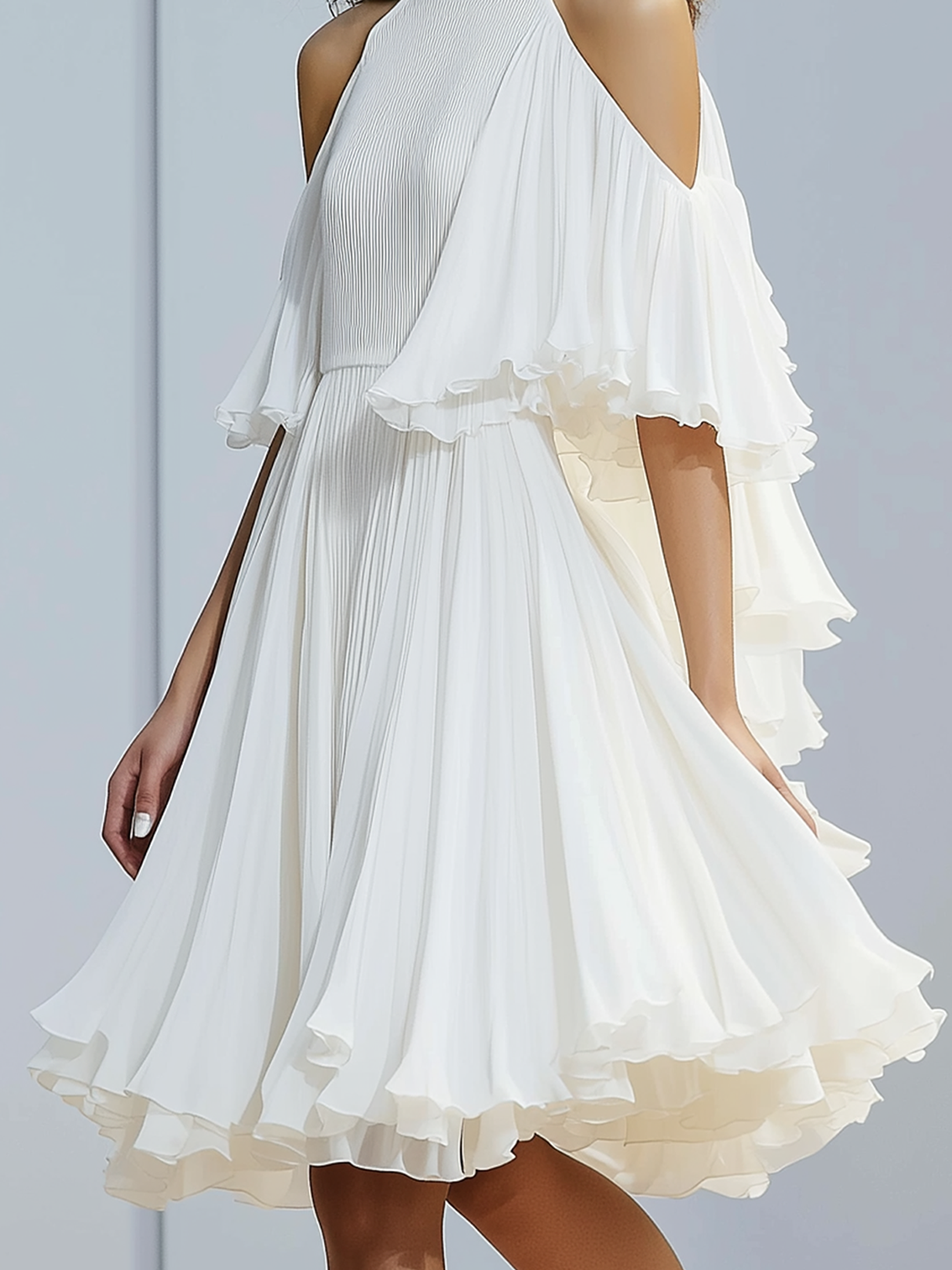 Cold Shoulder White Chiffon Midi Dress With Cape Fashion Design