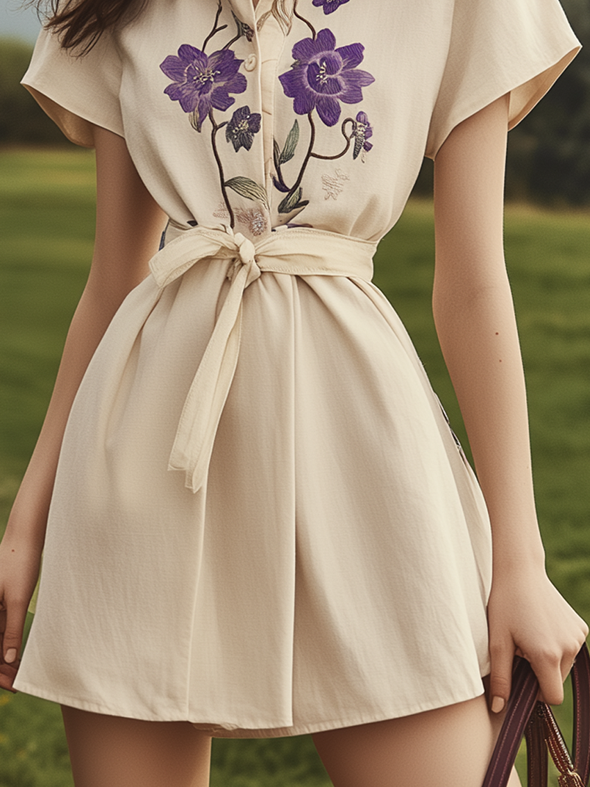 Linen Mini Shirt Dress With Purple Flower Embroidery