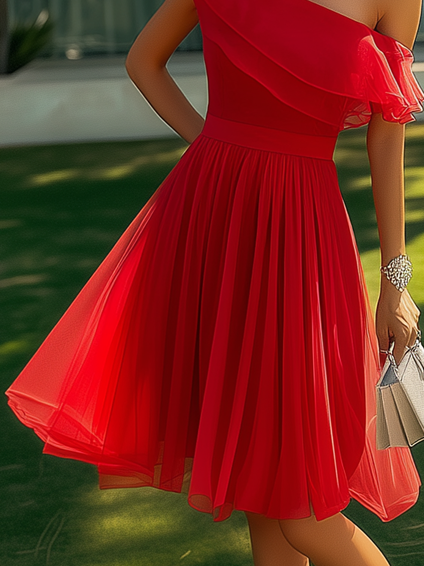 One Shoulder Fashionable Chiffon Red Midi Dress