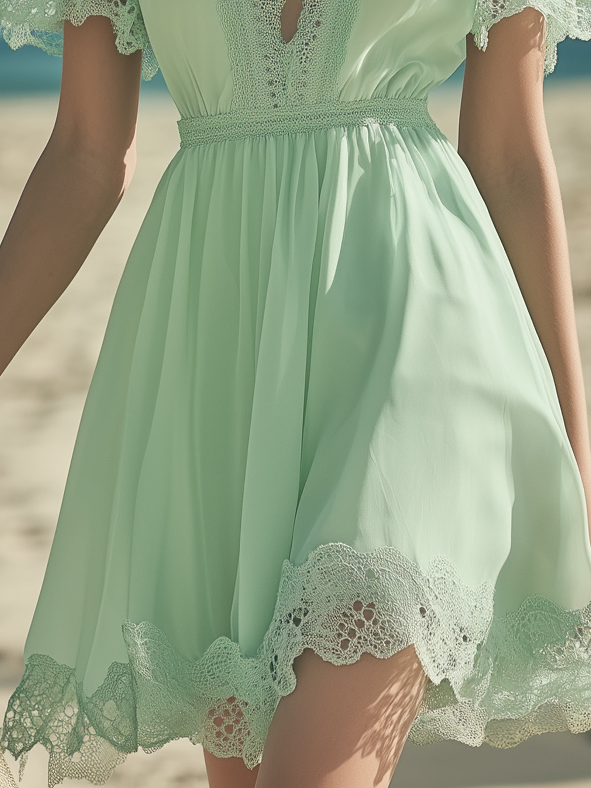 Lightweight Lace Patchwork V-Neck Chiffon Mini Dress