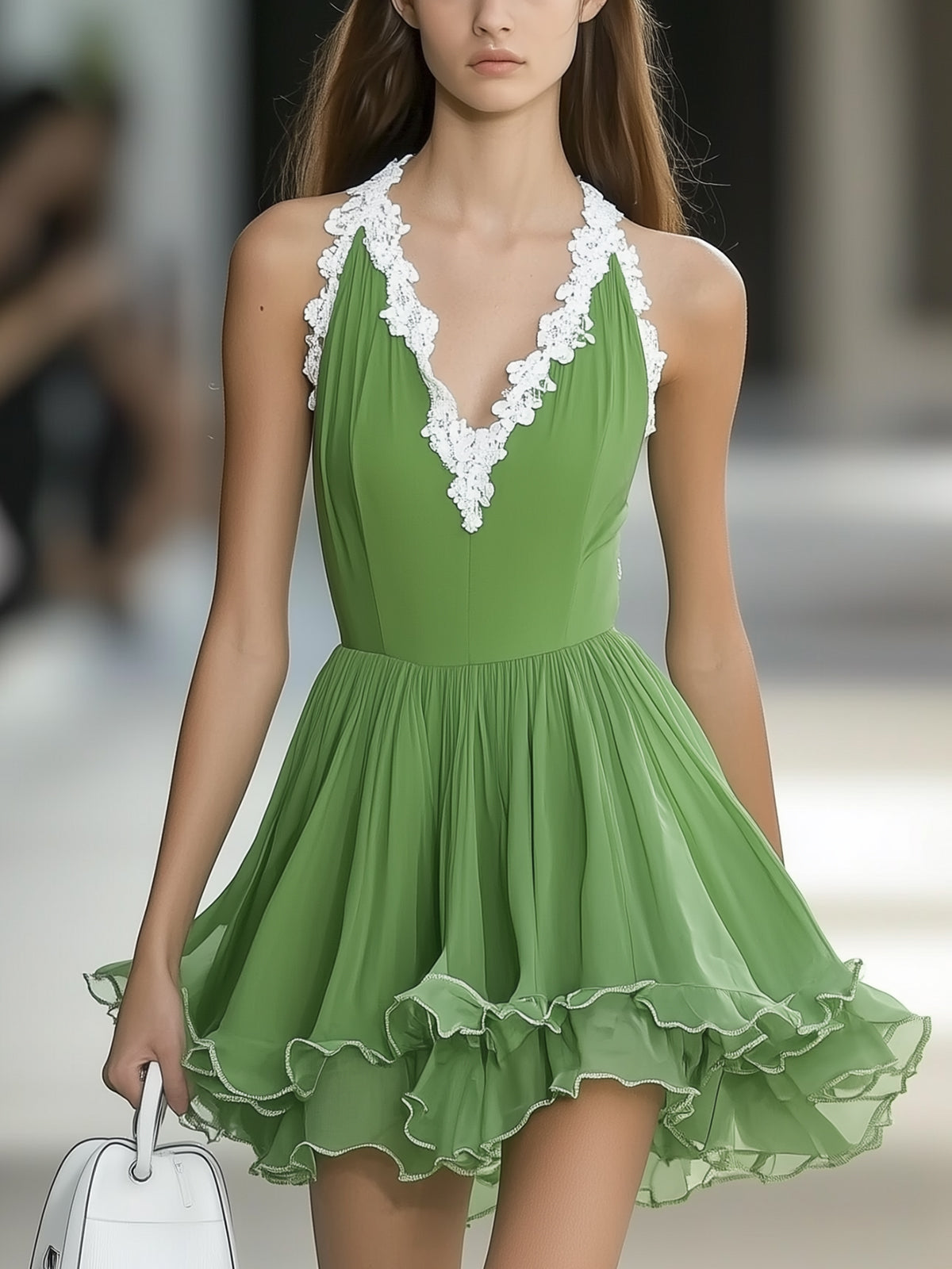 Lace V-Neck Ruffled Hem Chiffon Mini Dress