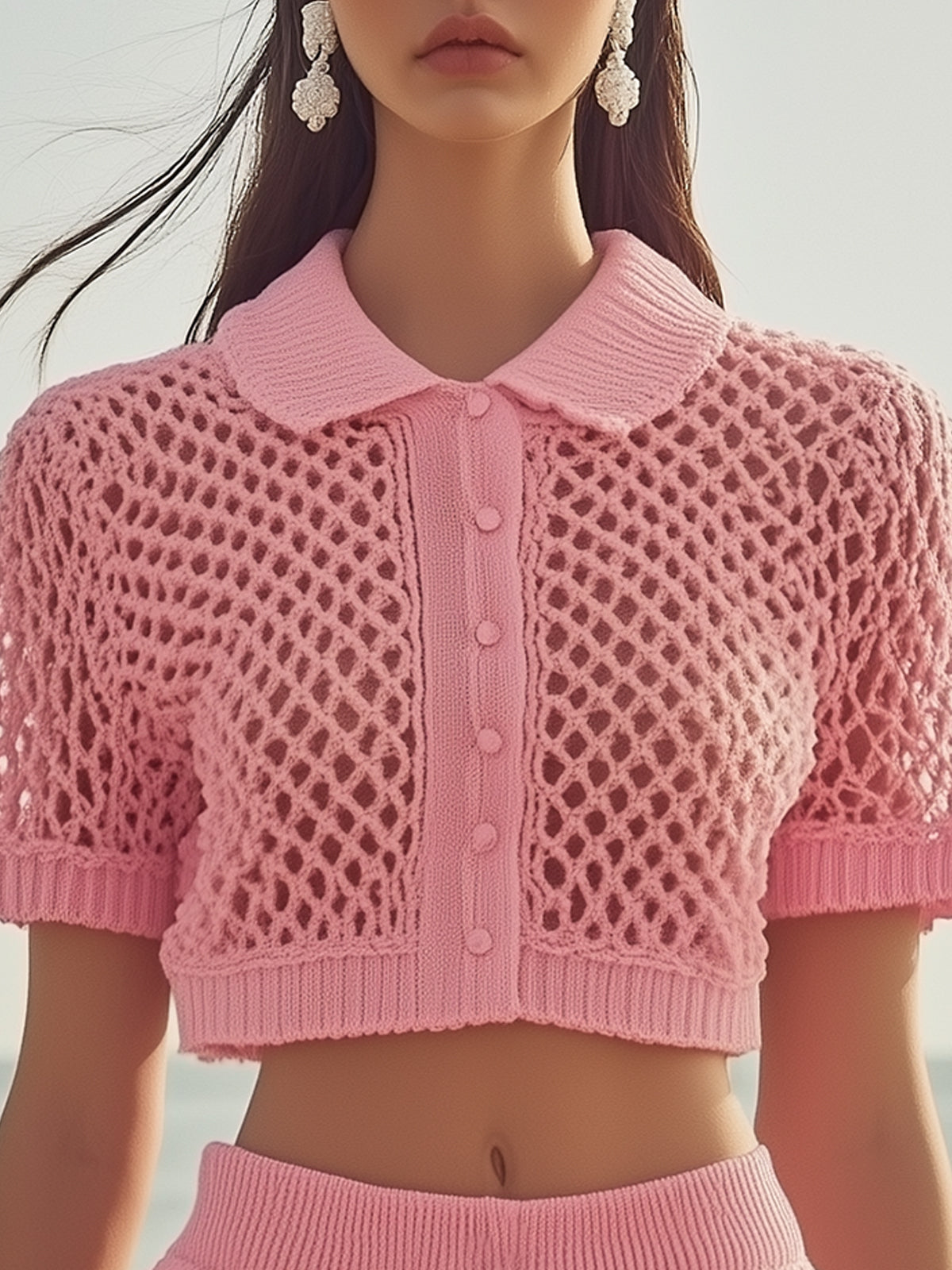 Trendy Pink Knit Hollow-Out Top and Shorts Set