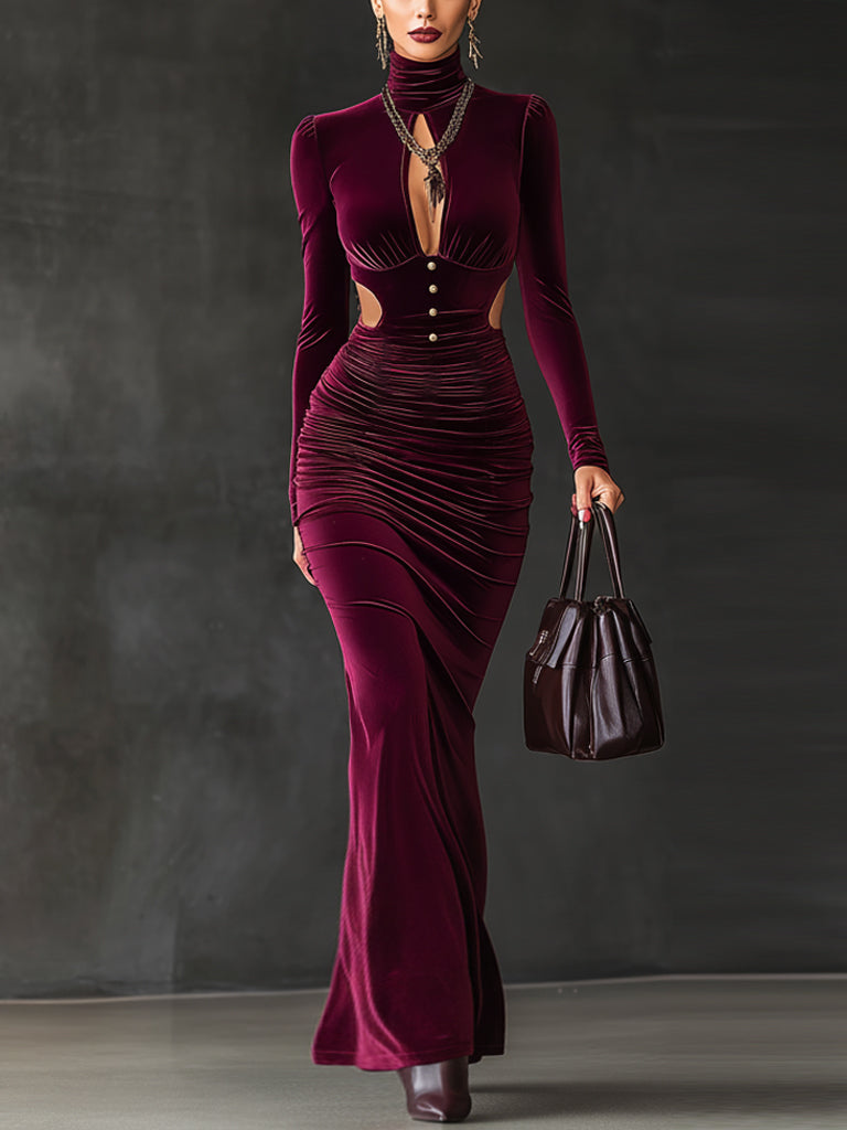 Burgundy Velvet Cutout Turtleneck Bodycon Dress With Metal Buttons