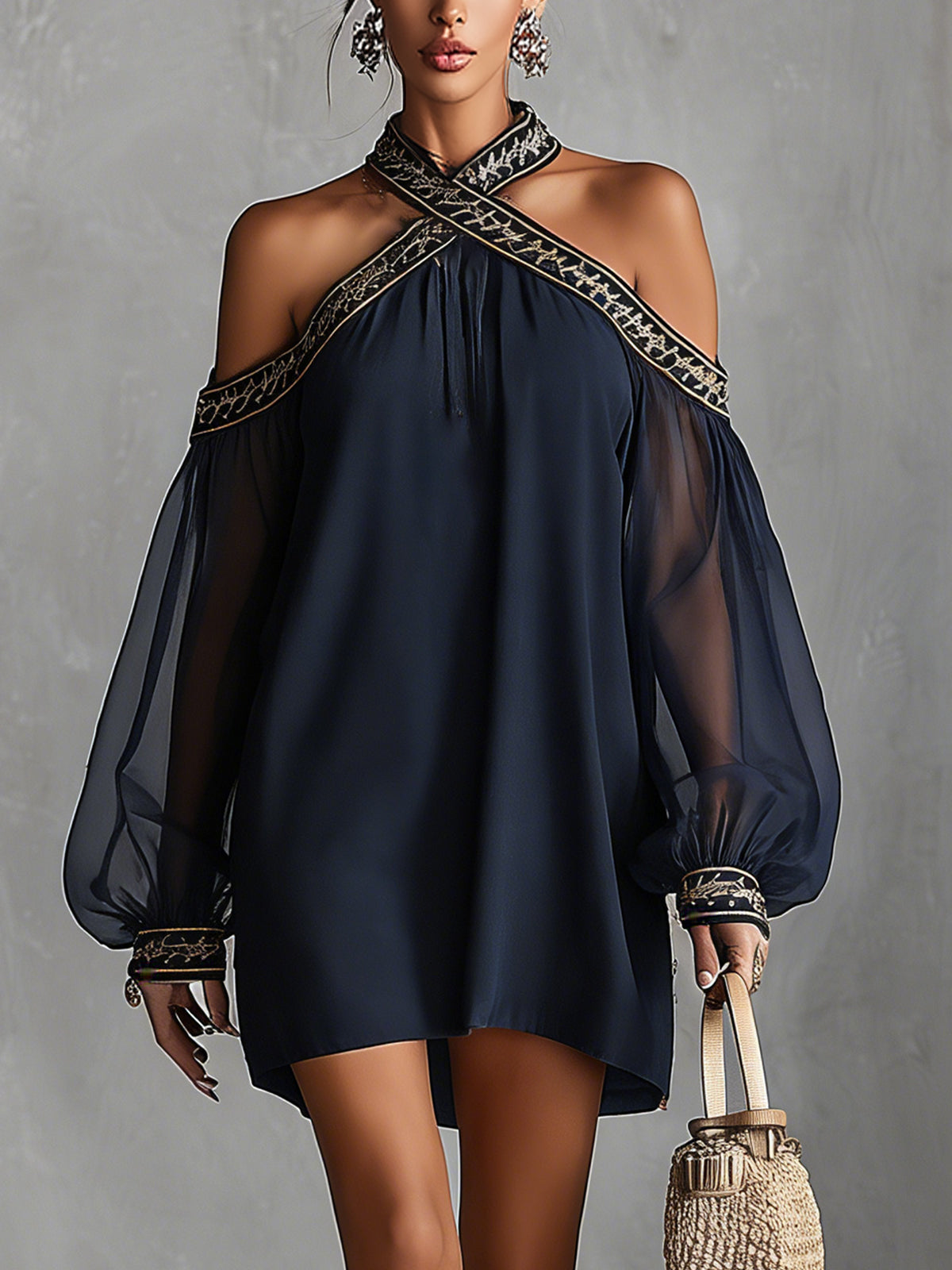 Navy Off-Shoulder Chiffon Mini Dress