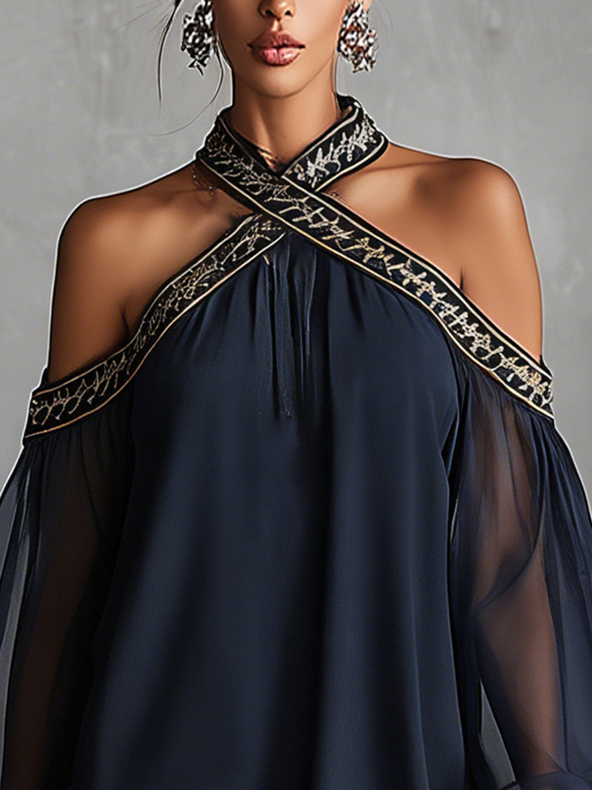 Navy Off-Shoulder Chiffon Mini Dress