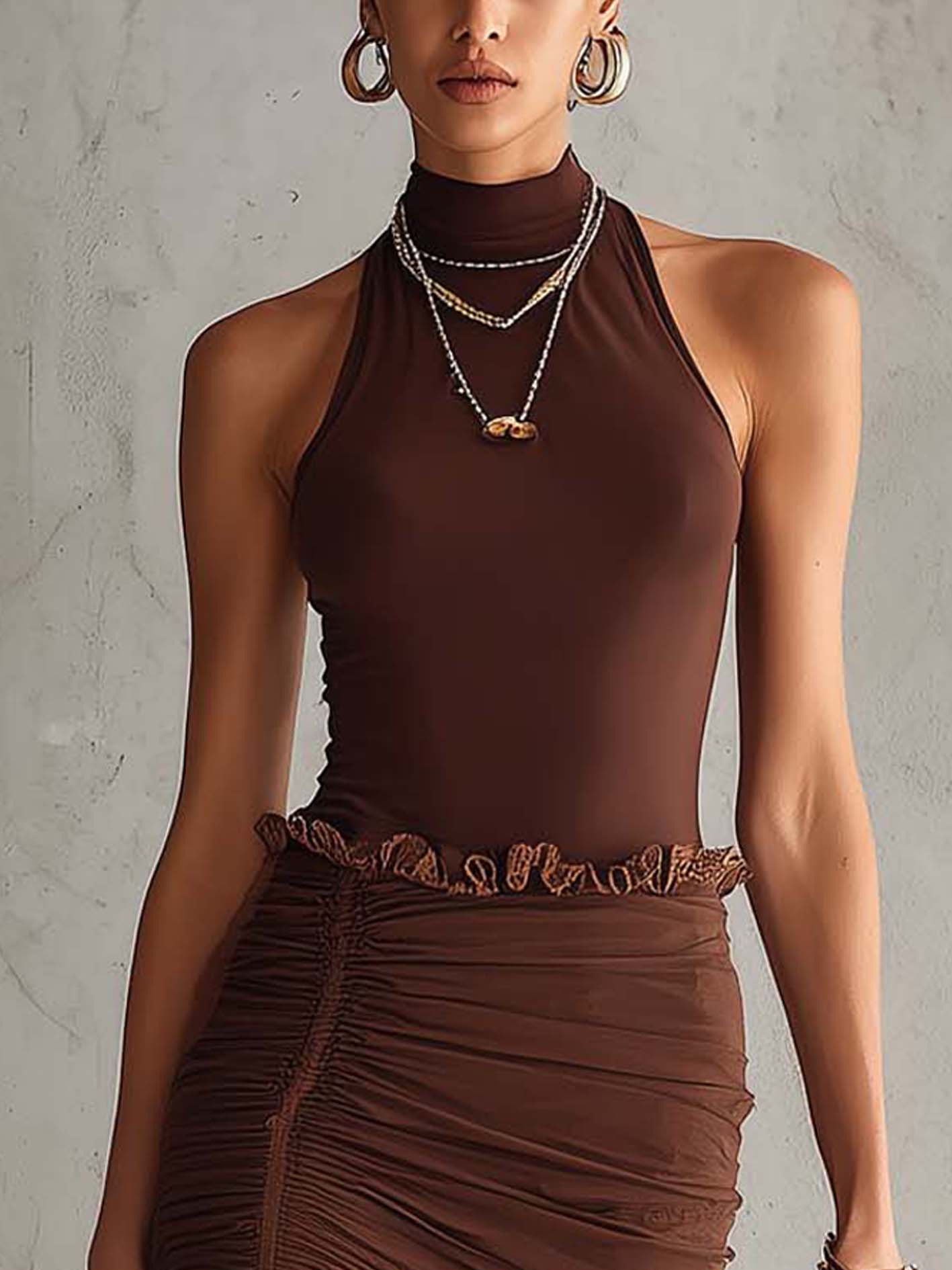 Chocolate Brown Lace Trim Halter Top And Ruched Side Slit Skirt Set