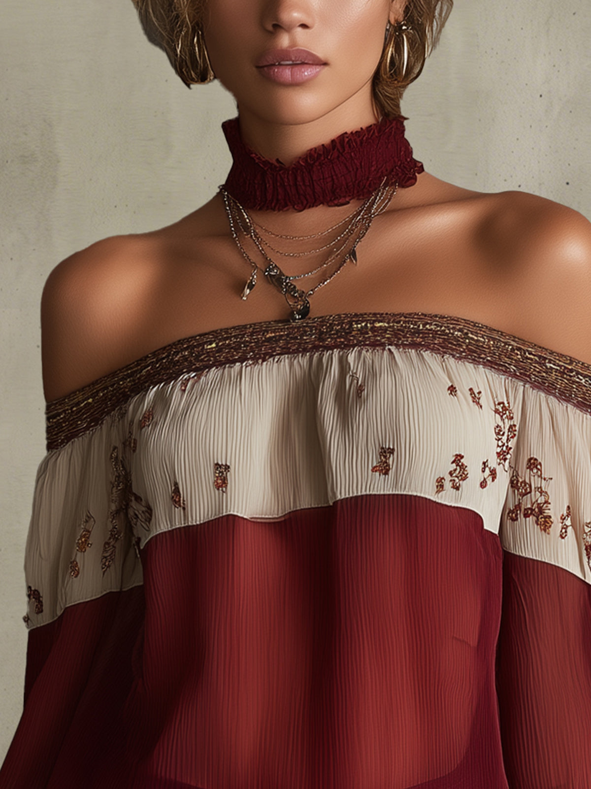Burgundy And Cream Off-Shoulder Chiffon Blouse