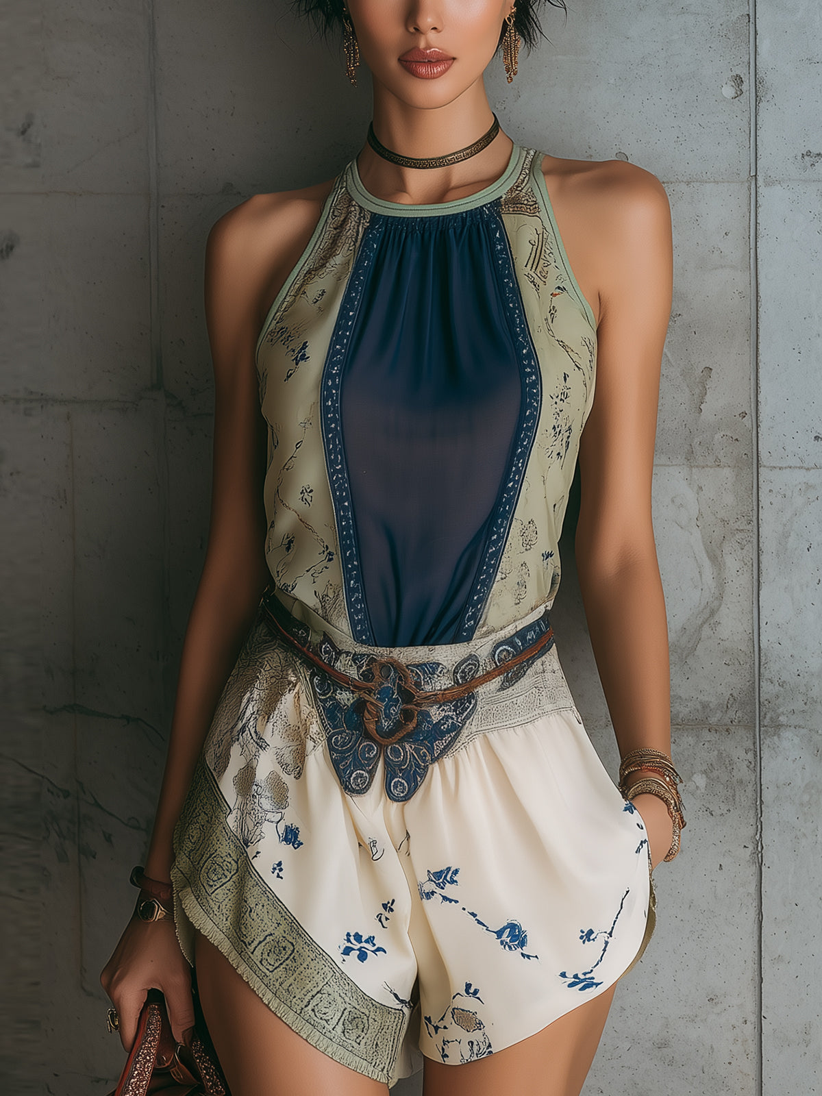 Navy Panel Shirt With Printed Trim