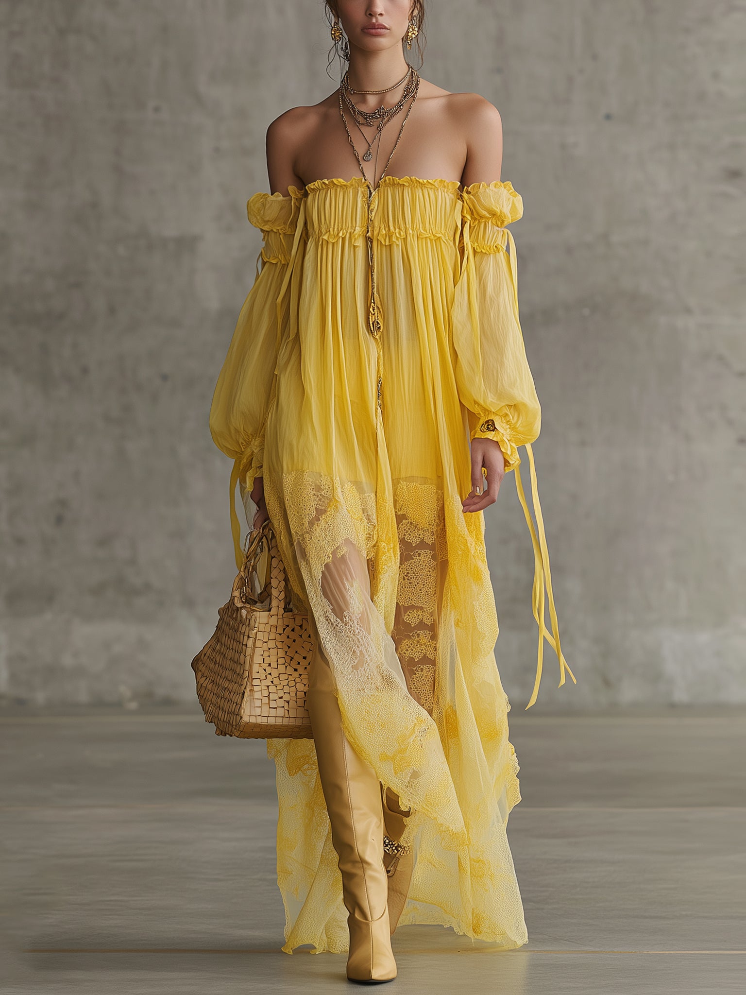 Yellow Embroidered Chiffon Off Shoulder Maxi Dress