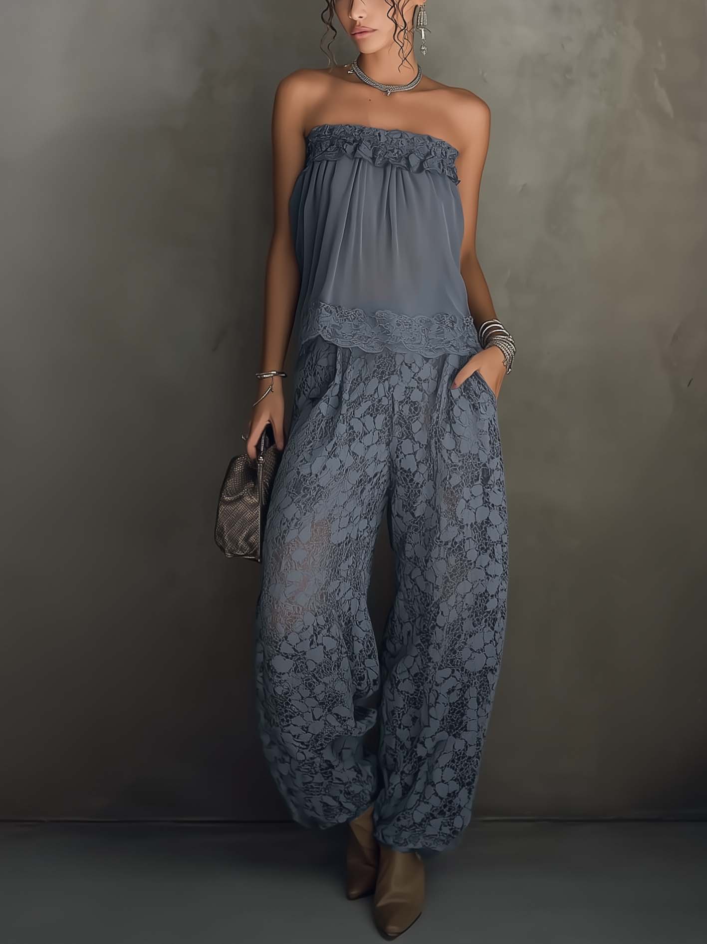Off Shoulder Smoky Blue Chiffon Top And Lace Pants Set