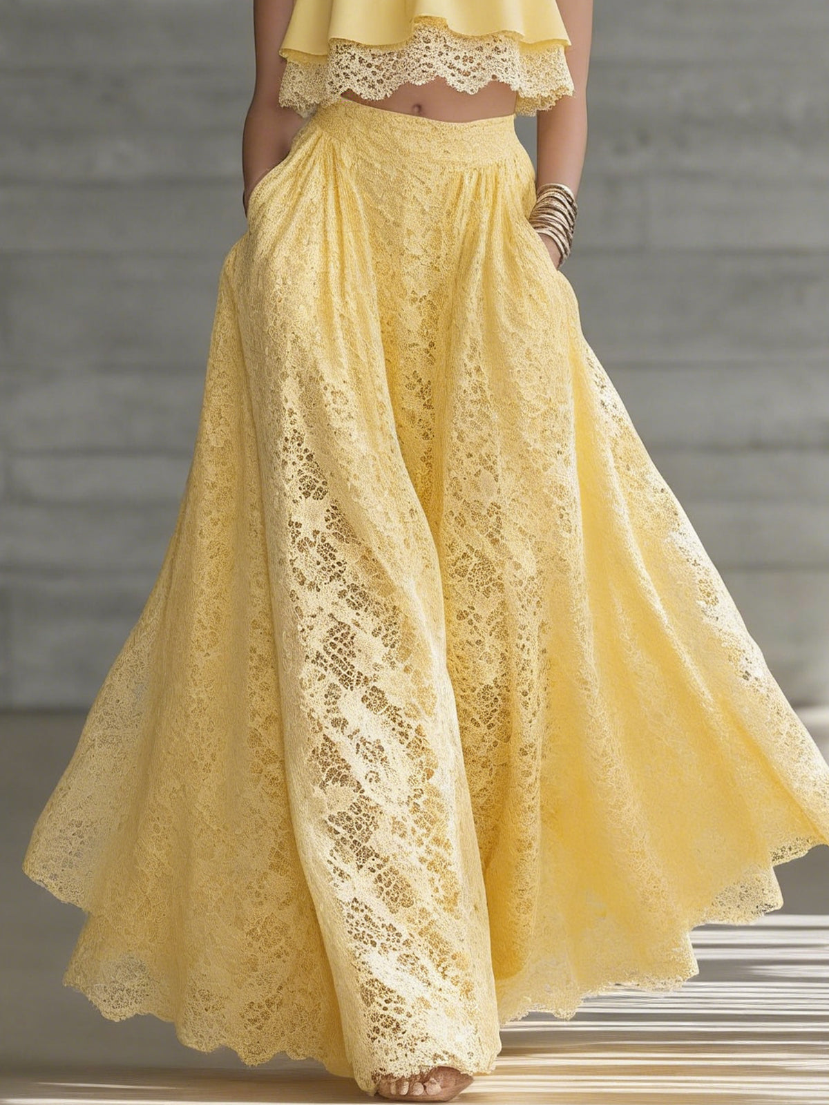 Yellow Lace Crop Top And Wide-Leg Maxi Skirt Set