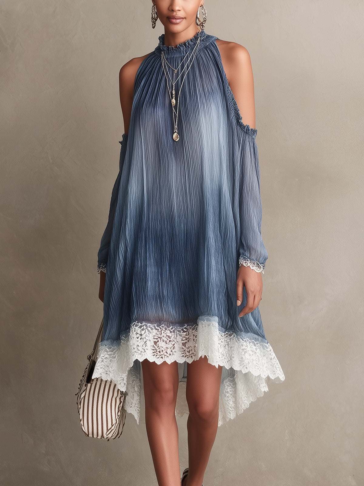 Blue Gradient Pleated Chiffon Lace Hem Cold Shoulder Mini Dress