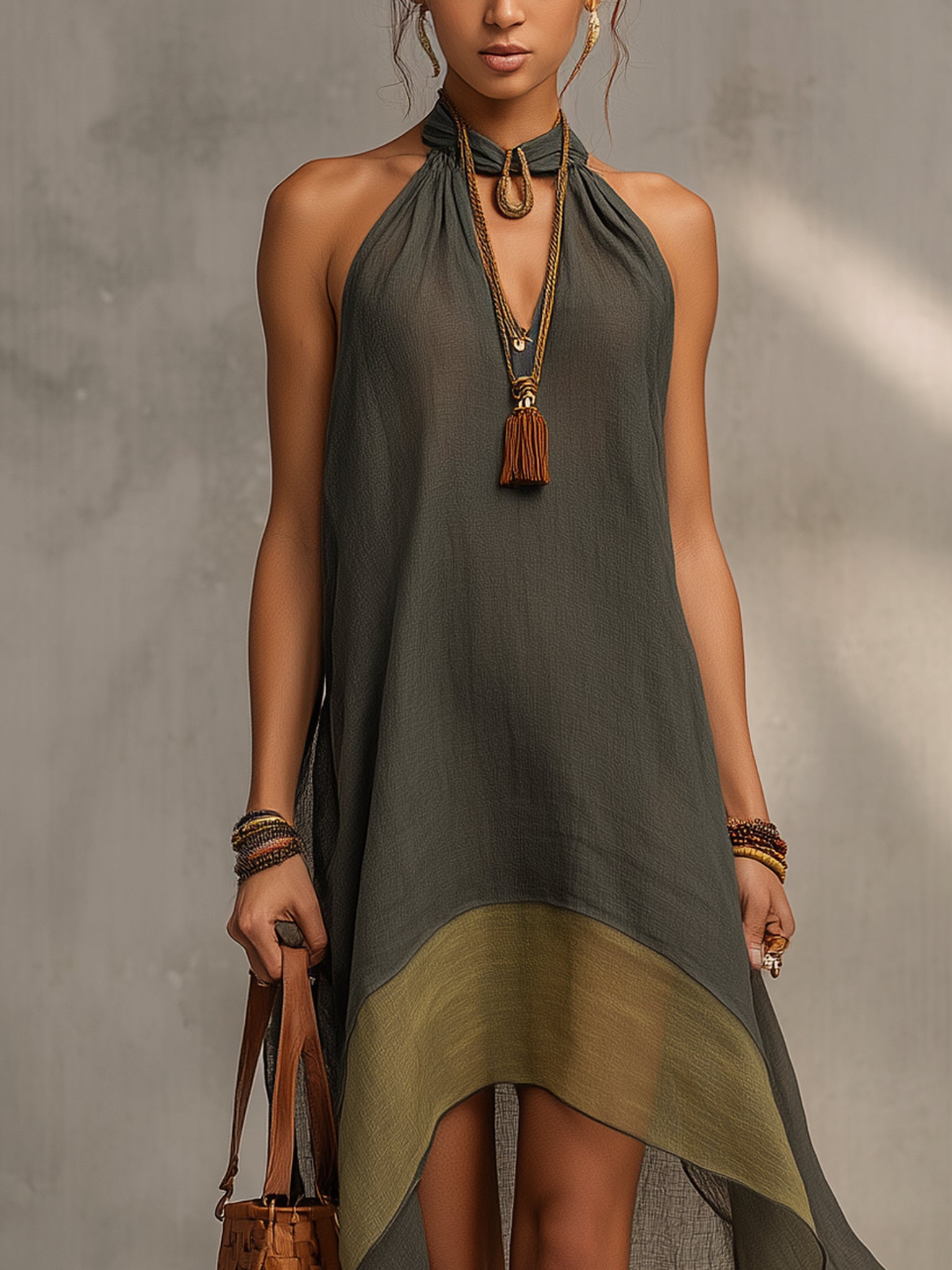 Olive Sheer Linen Sleeveless Midi Dress