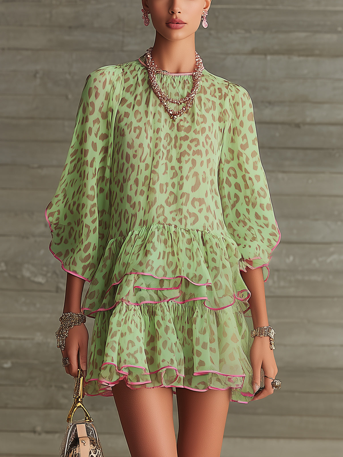 Green Leopard Print Chiffon Tiered Ruffle Mini Dress