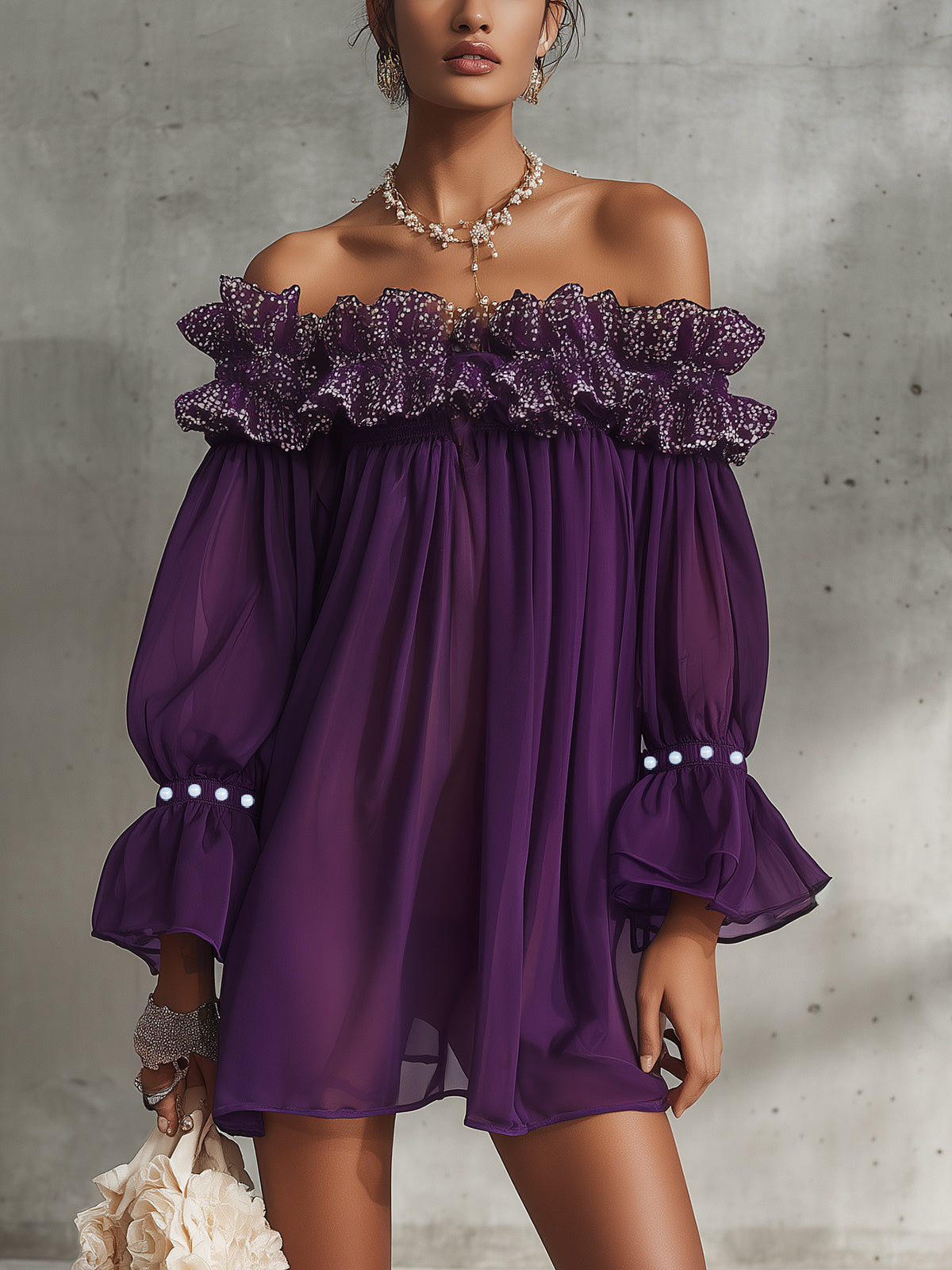 Purple Ruffle Off-Shoulder Chiffon Mini Dress