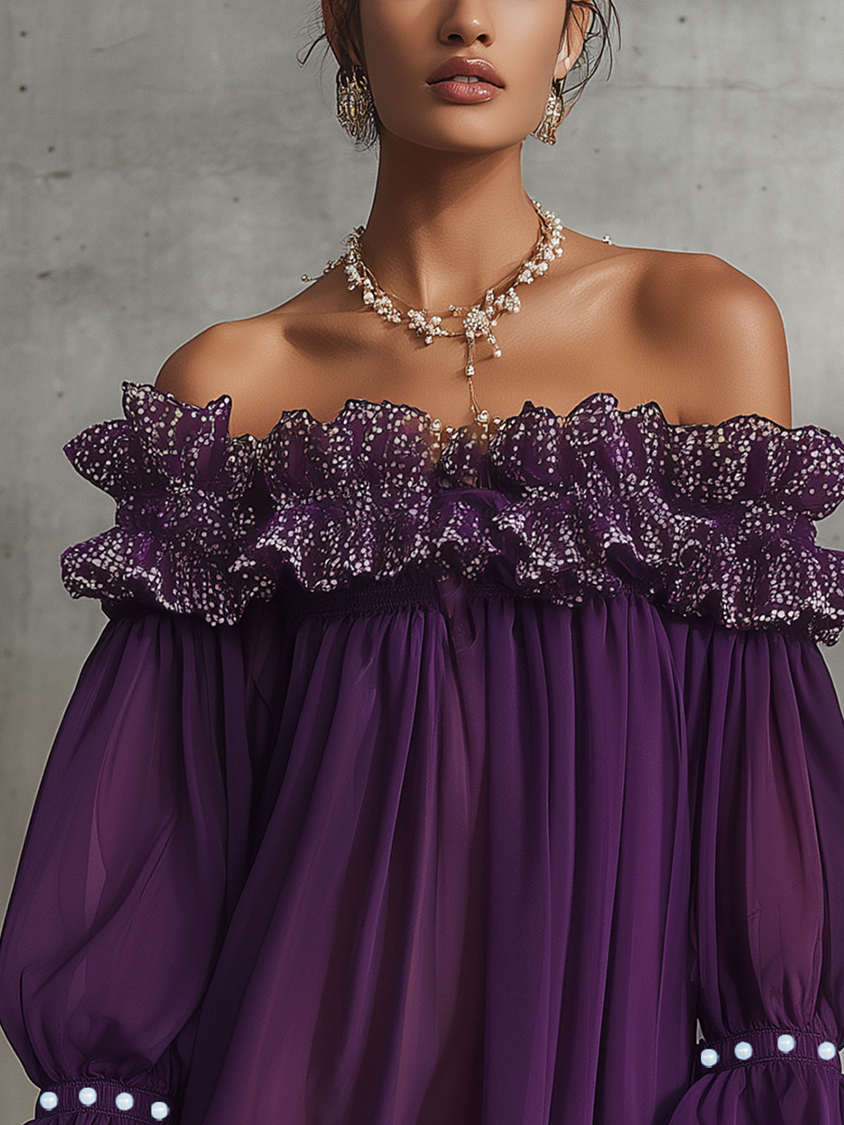 Purple Ruffle Off-Shoulder Chiffon Mini Dress